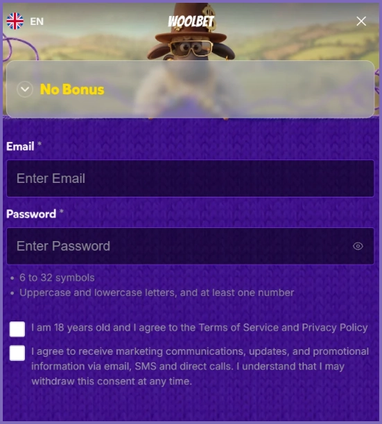 Woolbet casino registration form with email password and account confirmation fields